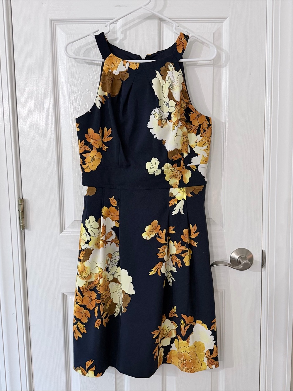 Dress Barn Navy Floral Midi Dress with Yellow & Cream Blooms